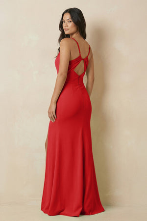 Sheath Cami Strap Chiffon Bridesmaid Dress with Slit in Ruby Red - SHE IS ME Bridesmaid Dresses