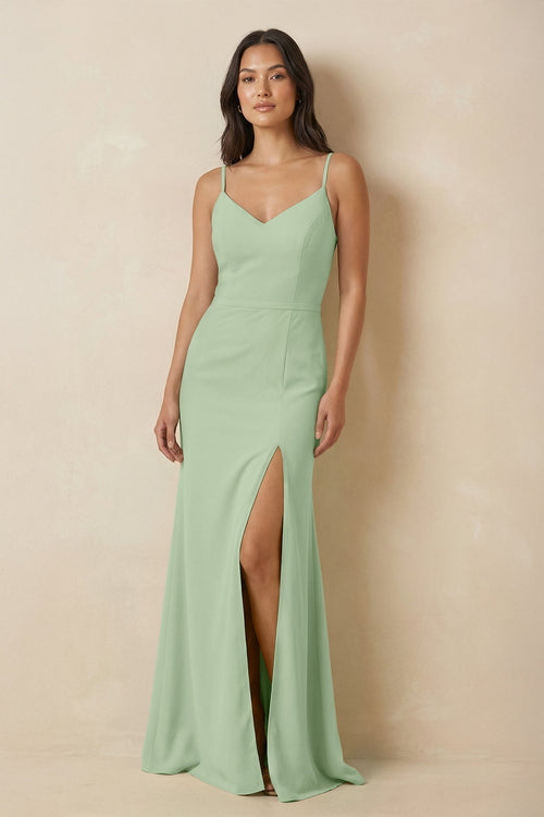 Sheath Cami Strap Chiffon Bridesmaid Dress with Slit in Sage - SHE IS ME Bridesmaid Dresses
