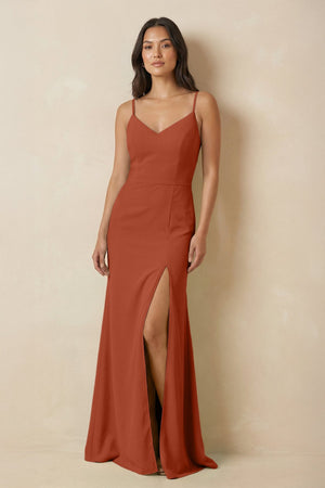 Sheath Cami Strap Chiffon Bridesmaid Dress with Slit in Spice - SHE IS ME Bridesmaid Dresses