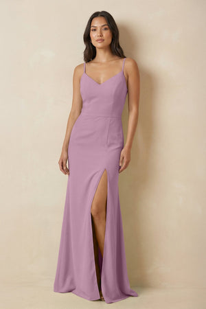 Sheath Cami Strap Chiffon Bridesmaid Dress with Slit in Wisteria - SHE IS ME Bridesmaid Dresses