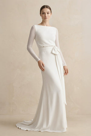 Sheath Chiffon Bateau Long Sleeve Wedding Dress in White - SHE IS ME Wedding Dresses