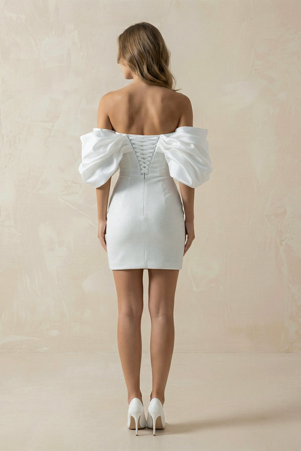 Sheath Off - the - Shoulder Short Wedding Dress in Ivory - SHE IS ME Wedding Dresses