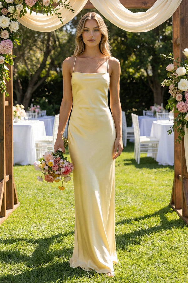 Sheath Satin Spaghetti Strap Bridesmaid Dress in Pastel Yellow - SHE IS ME Bridesmaid Dresses