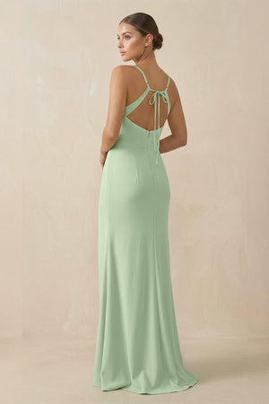 Sheath Spaghetti Straps Chiffon Long Bridesmaid Dress in Sage - SHE IS ME Bridesmaid Dresses
