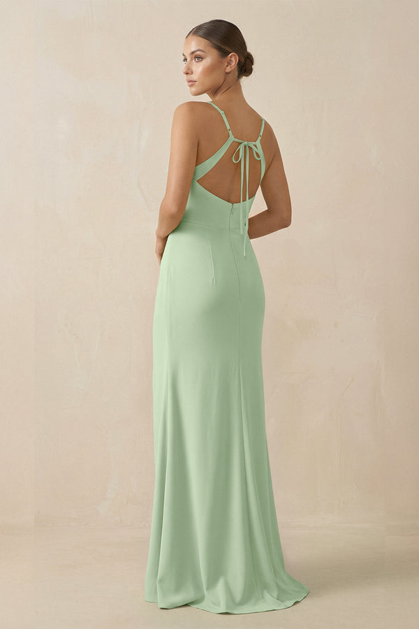 Sheath Spaghetti Straps Chiffon Long Bridesmaid Dress in Sage - SHE IS ME Bridesmaid Dresses