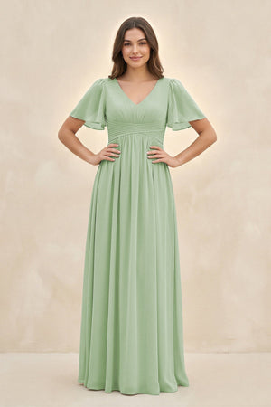 Short Sleeve Chiffon V - Neck A - Line Bridesmaid Dress in Sage - SHE IS ME Bridesmaid Dresses