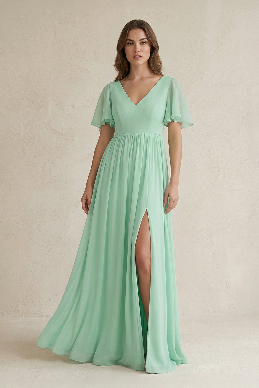 Short Sleeve V-Neck A-Line Chiffon Bridesmaid Dress in Pale Pistachio - SHE IS ME BRIDESMAID DRESSES