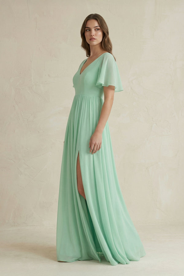 Short Sleeve V-Neck A-Line Chiffon Bridesmaid Dress in Pale Pistachio - SHE IS ME BRIDESMAID DRESSES