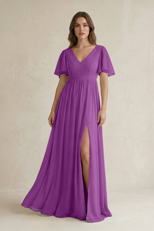 Short Sleeve V - Neck A - Line Chiffon Bridesmaid Dress in Amethyst - SHE IS ME Bridesmaid Dresses