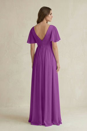 Short Sleeve V - Neck A - Line Chiffon Bridesmaid Dress in Amethyst - SHE IS ME Bridesmaid Dresses