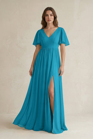 Short Sleeve V - Neck A - Line Chiffon Bridesmaid Dress in Blue Jay - SHE IS ME Bridesmaid Dresses