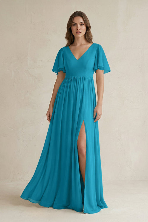 Short Sleeve V - Neck A - Line Chiffon Bridesmaid Dress in Blue Jay - SHE IS ME Bridesmaid Dresses