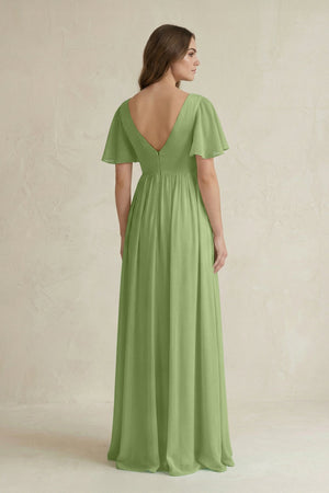 Short Sleeve V - Neck A - Line Chiffon Bridesmaid Dress in Matcha - SHE IS ME Bridesmaid Dresses