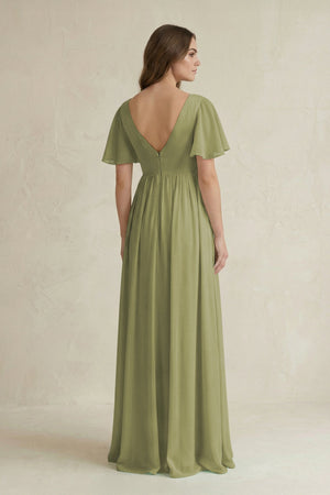 Short Sleeve V - Neck A - Line Chiffon Bridesmaid Dress in Moss Green - SHE IS ME Bridesmaid Dresses