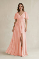 Short Sleeve V - Neck A - Line Chiffon Bridesmaid Dress in Rose Petal - SHE IS ME Bridesmaid Dresses