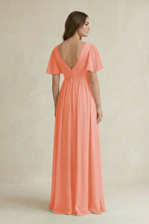 Short Sleeve V - Neck A - Line Chiffon Bridesmaid Dress in Rosette - SHE IS ME Bridesmaid Dresses