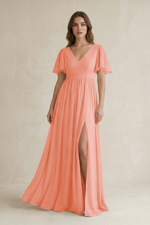 Short Sleeve V - Neck A - Line Chiffon Bridesmaid Dress in Rosette - SHE IS ME Bridesmaid Dresses