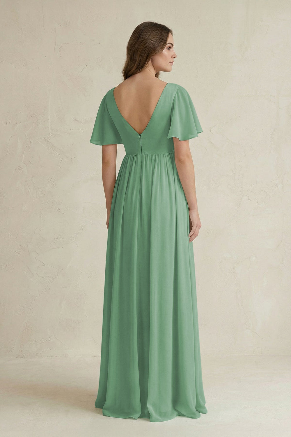 Short Sleeve V - Neck A - Line Chiffon Bridesmaid Dress in Sea Glass - SHE IS ME Bridesmaid Dresses
