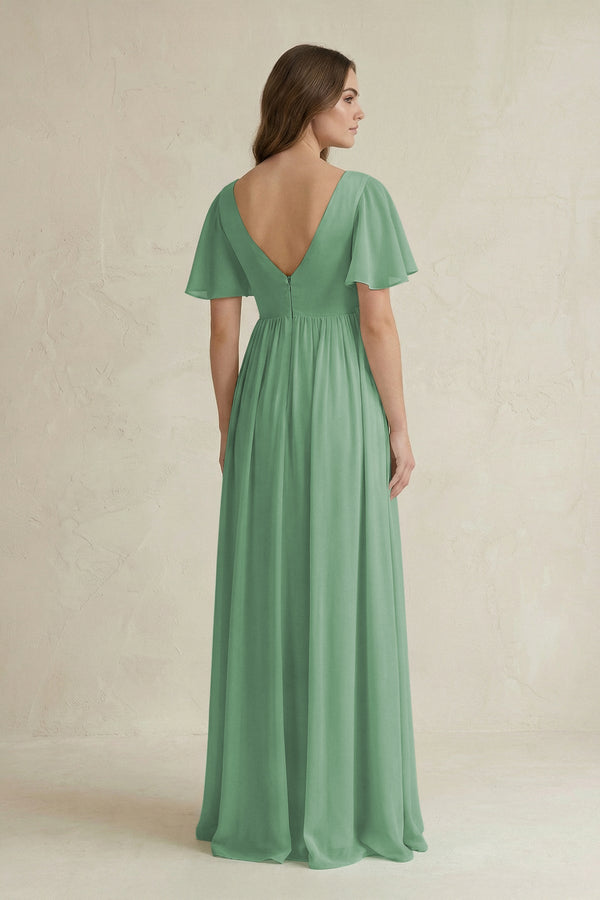 Short Sleeve V - Neck A - Line Chiffon Bridesmaid Dress in Sea Glass - SHE IS ME Bridesmaid Dresses