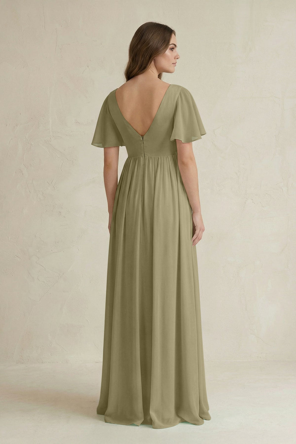 Short Sleeve V - Neck A - Line Chiffon Bridesmaid Dress in Thyme - SHE IS ME Bridesmaid Dresses