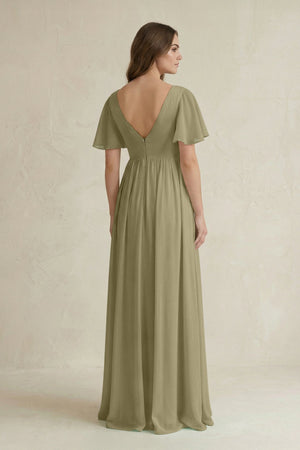 Short Sleeve V - Neck A - Line Chiffon Bridesmaid Dress in Thyme - SHE IS ME Bridesmaid Dresses