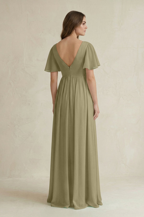 Short Sleeve V - Neck A - Line Chiffon Bridesmaid Dress in Thyme - SHE IS ME Bridesmaid Dresses