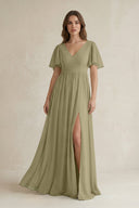 Short Sleeve V - Neck A - Line Chiffon Bridesmaid Dress in Thyme - SHE IS ME Bridesmaid Dresses