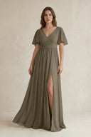 Short Sleeve V - Neck A - Line Chiffon Bridesmaid Dress in Willow Green - SHE IS ME Bridesmaid Dresses