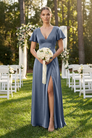 Short Sleeve V - Neck A - Line Satin Bridesmaid Dress With Slit in Neptune - SHE IS ME Bridesmaid Dresses