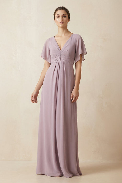 Short Sleeve V - Neck Chiffon A - Line Bridesmaid Dress in Dusk - SHE IS ME Bridesmaid Dresses