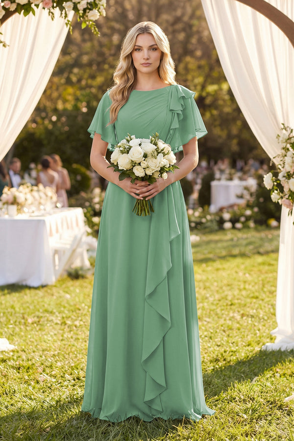 Short Sleeves Bateau A - Line Chiffon Bridesmaid Dress in Sea Glass - SHE IS ME Bridesmaid Dresses