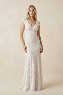 Short Sleeves Sheath V Neck Lace Wedding Dress in White and Nude - SHE IS ME Wedding Dresses
