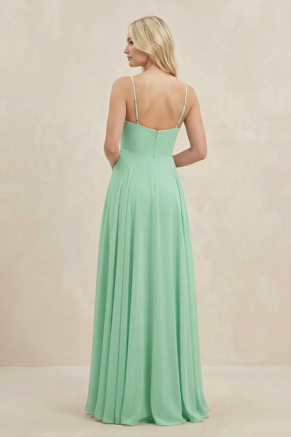 A-Line Spaghetti Strap Chiffon Bridesmaid Dress in Pale Pistachio - SHE IS ME BRIDESMAID DRESSES