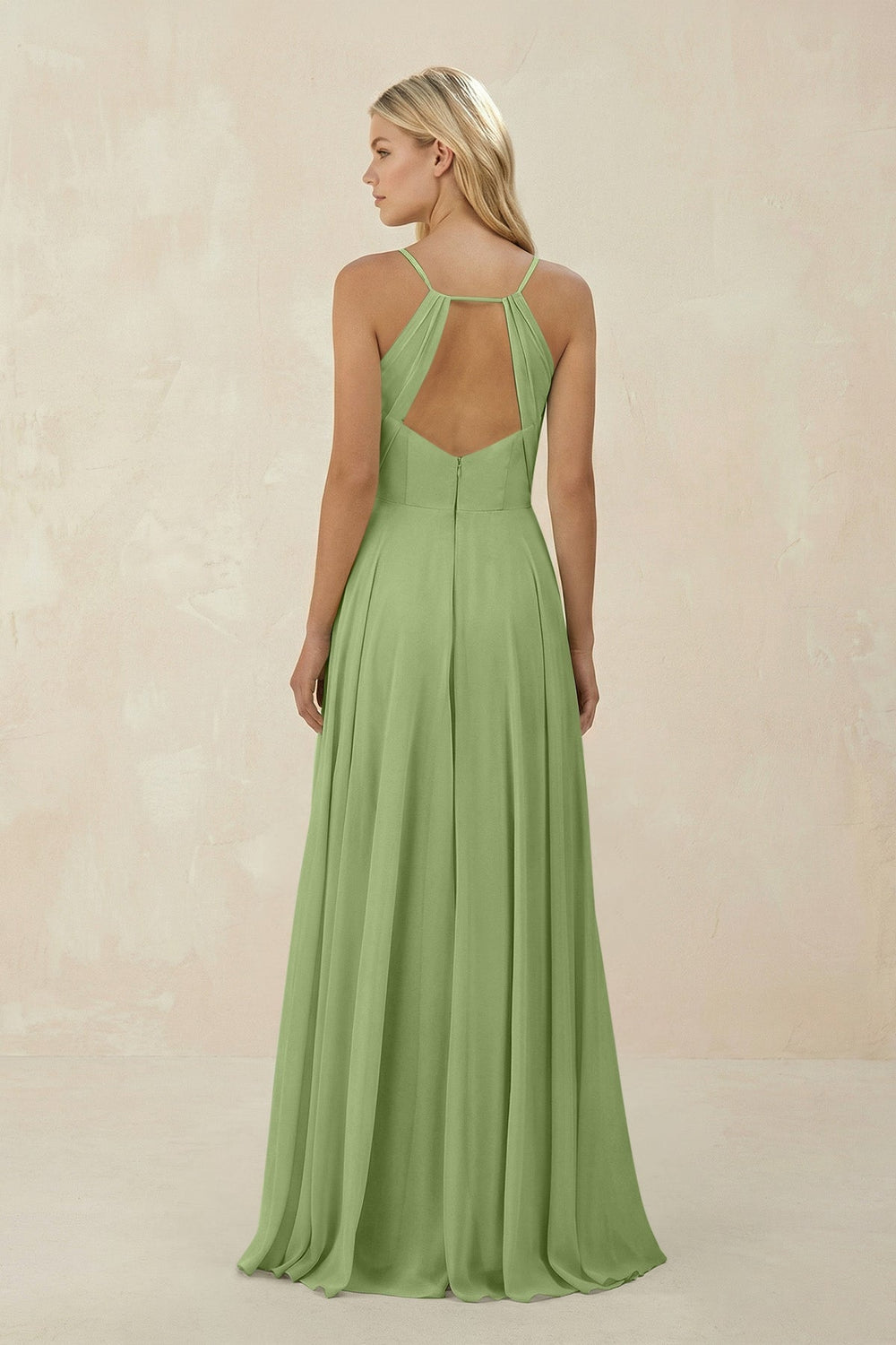 Spaghetti Strap A - Line Chiffon Bridesmaid Dress in Matcha - SHE IS ME Bridesmaid Dresses