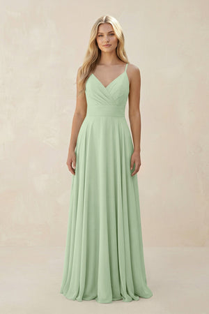 Spaghetti Strap A - Line Chiffon Bridesmaid Dress in Sage - SHE IS ME Bridesmaid Dresses