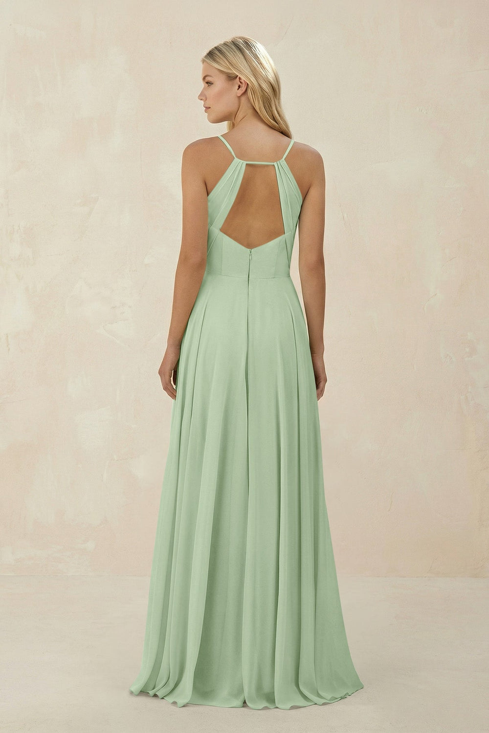 Spaghetti Strap A - Line Chiffon Bridesmaid Dress in Sage - SHE IS ME Bridesmaid Dresses