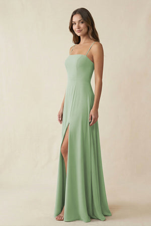 Spaghetti Strap A - Line Chiffon Maxi Bridesmaid Dress in Sage - SHE IS ME Bridesmaid Dresses