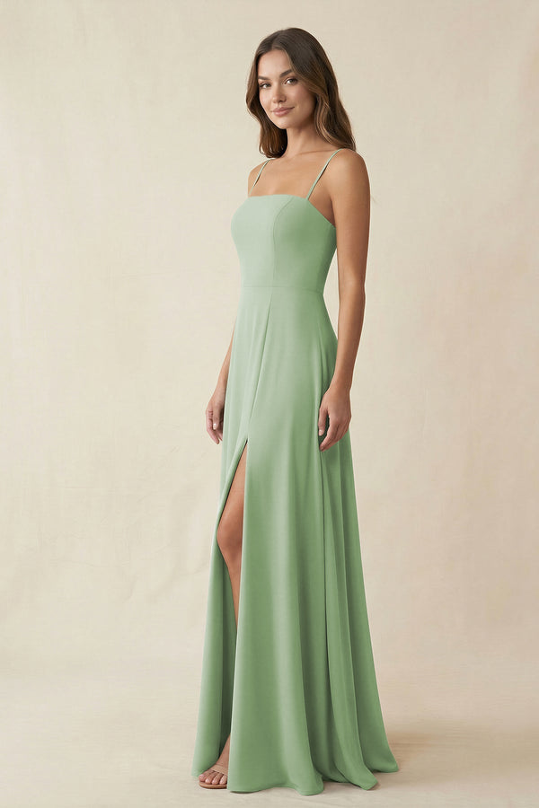 Spaghetti Strap A - Line Chiffon Maxi Bridesmaid Dress in Sage - SHE IS ME Bridesmaid Dresses