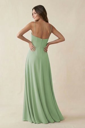 Spaghetti Strap A - Line Chiffon Maxi Bridesmaid Dress in Sage - SHE IS ME Bridesmaid Dresses
