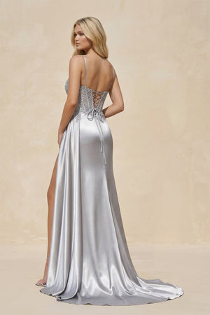 Spaghetti Strap Appliqued Corset Mermaid Satin Long Prom Dress in Silver - SHE IS ME Prom Dresses