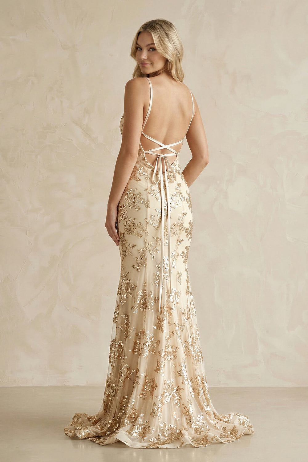 Spaghetti Strap Appliqued Mermaid Long Prom Dress in Gold - SHE IS ME Prom Dresses