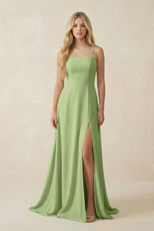 Spaghetti Strap Chiffon A - Line Bridesmaid Dress in Matcha - SHE IS ME Bridesmaid Dresses