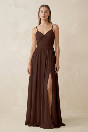 Spaghetti Strap Pleated A - Line Chiffon Bridesmaid Dress in Espresso - SHE IS ME Bridesmaid Dresses