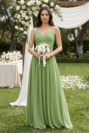 A-Line Pleated Spaghetti Strap Chiffon Bridesmaid Dress in Matcha - SHE IS ME BRIDESMAID DRESSES