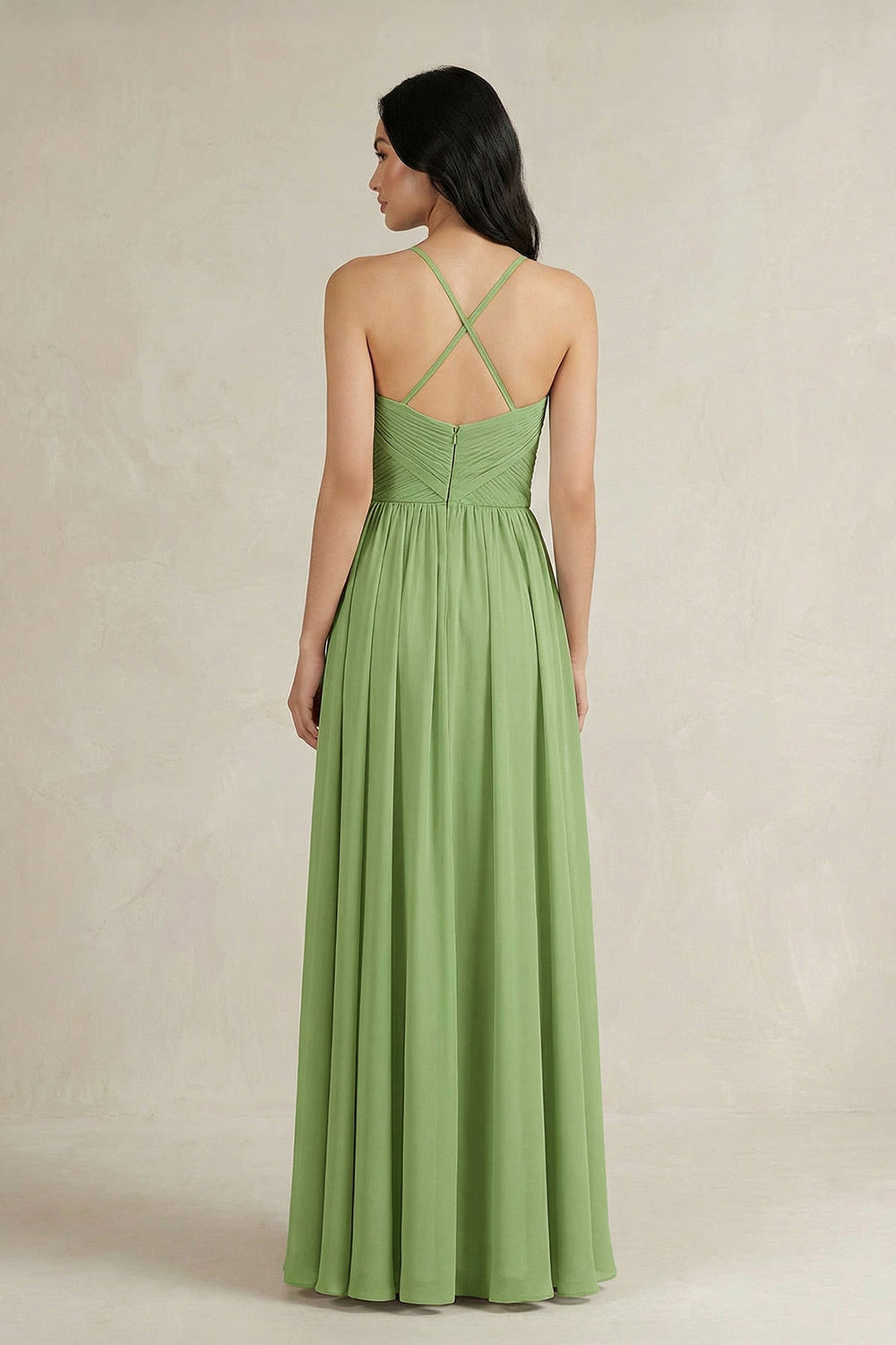 A-Line Pleated Spaghetti Strap Chiffon Bridesmaid Dress in Matcha - SHE IS ME BRIDESMAID DRESSES