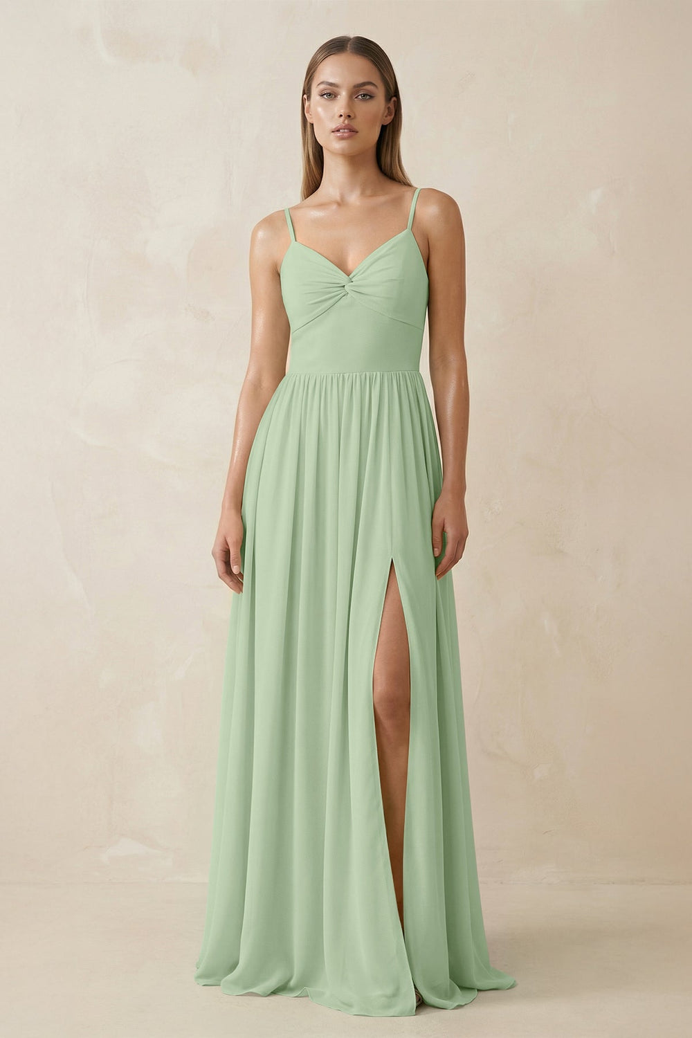 Spaghetti Strap Pleated A - Line Chiffon Bridesmaid Dress in Sage - SHE IS ME Bridesmaid Dresses