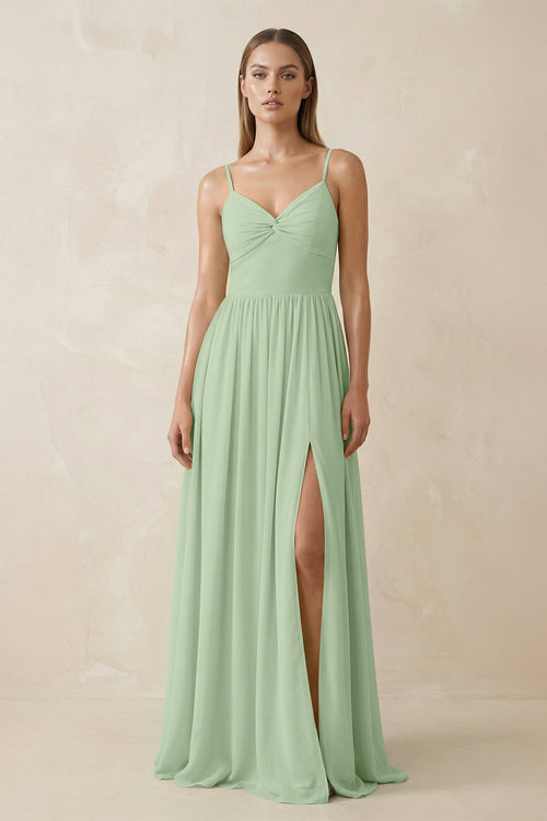 Spaghetti Strap Pleated A - Line Chiffon Bridesmaid Dress in Sage - SHE IS ME Bridesmaid Dresses