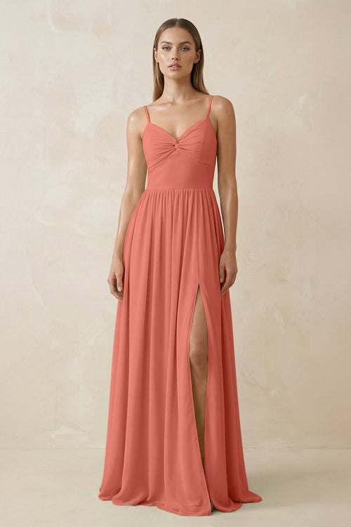 Spaghetti Strap Pleated A - Line Chiffon Bridesmaid Dress in Wild Rose - SHE IS ME Bridesmaid Dresses