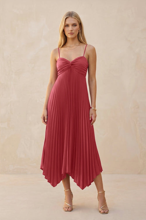 Spaghetti Strap Pleated A - Line Chiffon Midi Bridesmaid Dress in Desert Rose - SHE IS ME Bridesmaid Dresses