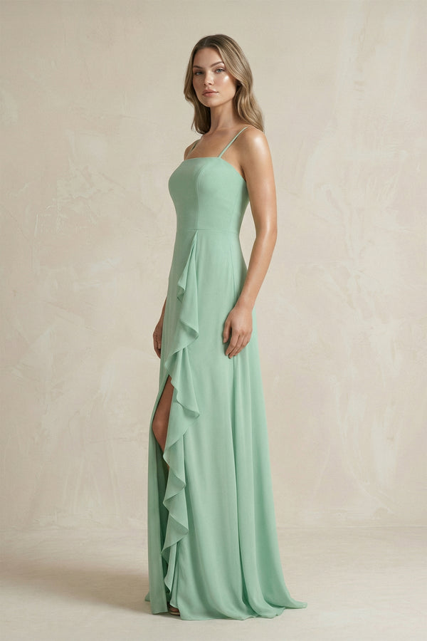 Spaghetti Strap Ruffled A-Line Chiffon Bridesmaid Dress in Pale Pistachio - SHE IS ME BRIDESMAID DRESSES